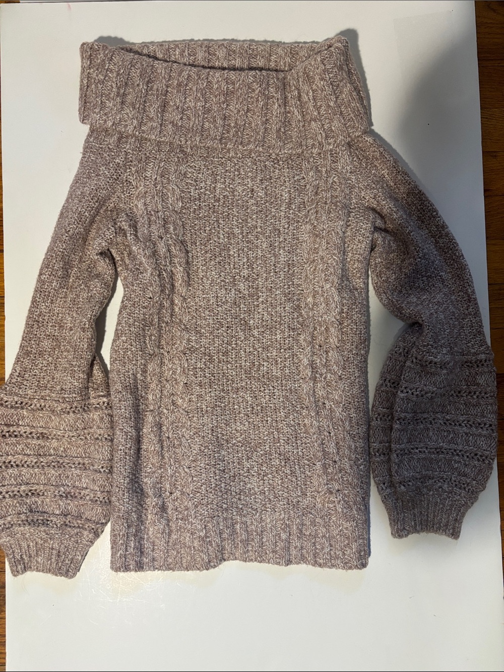 Chunky Cable cowl Turtleneck Sweater - Taupe sleeping on snow